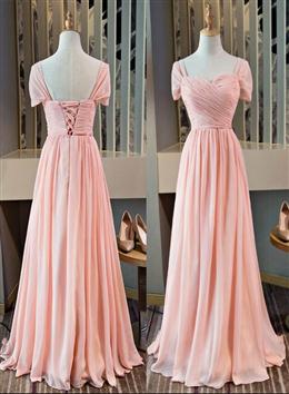 Picture of Pink Chiffon Cap Sleeves Long Bridesmaid Dresses, Floor Length Pink Party Dresses